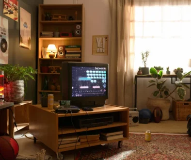 Retro obývací pokoj s televizí.