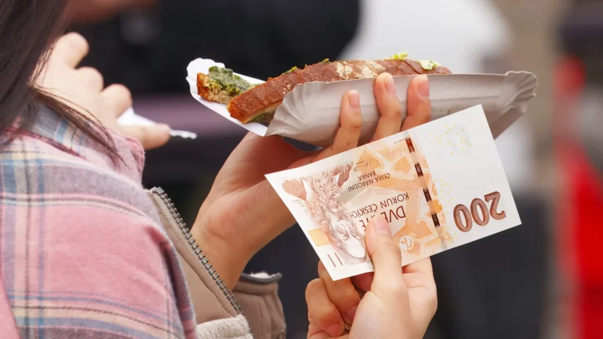 Žena v jedné ruce drží jídlo a v druhé bankovku.