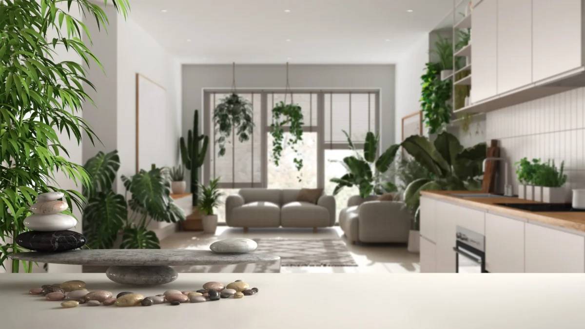 Po místnosti jsou rozmístěné kameny a rostliny. 