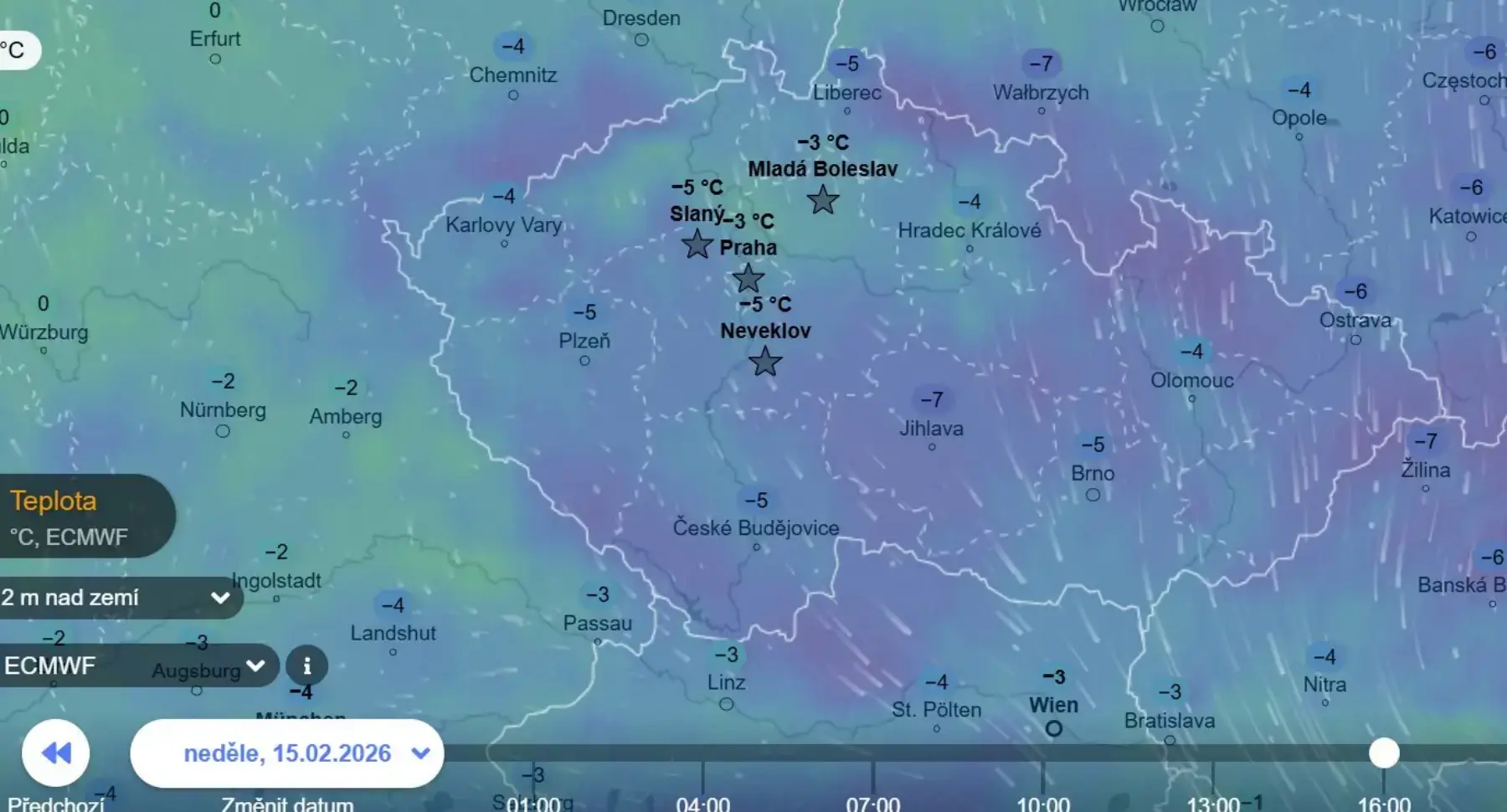 Teploty v neděli odpoledne zobrazené na mapě