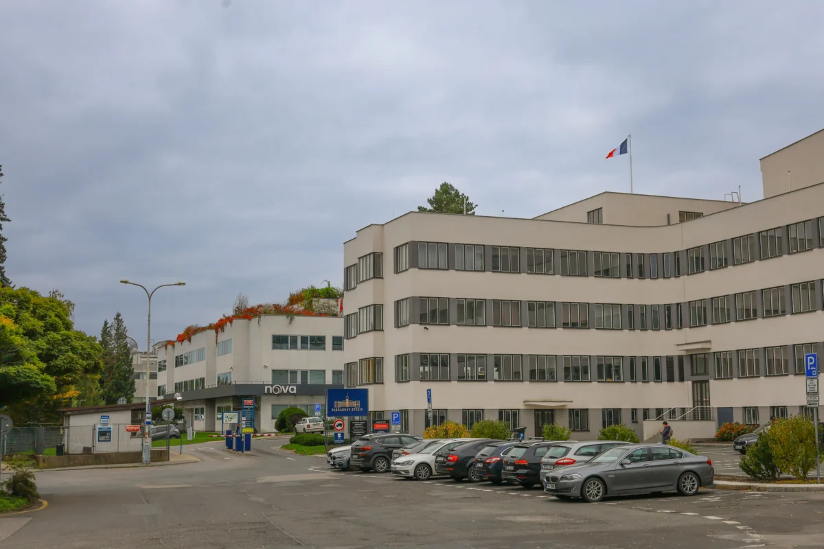 budova se zaparkovanými auty