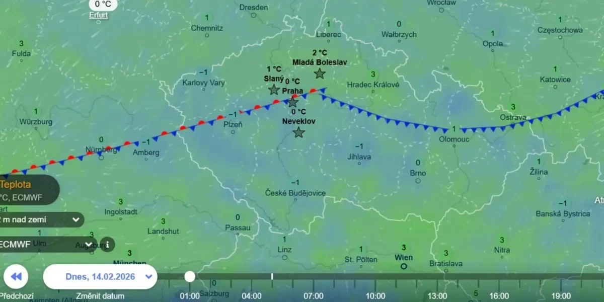 Přechod frontálních systémů v noci na dnešek mapa