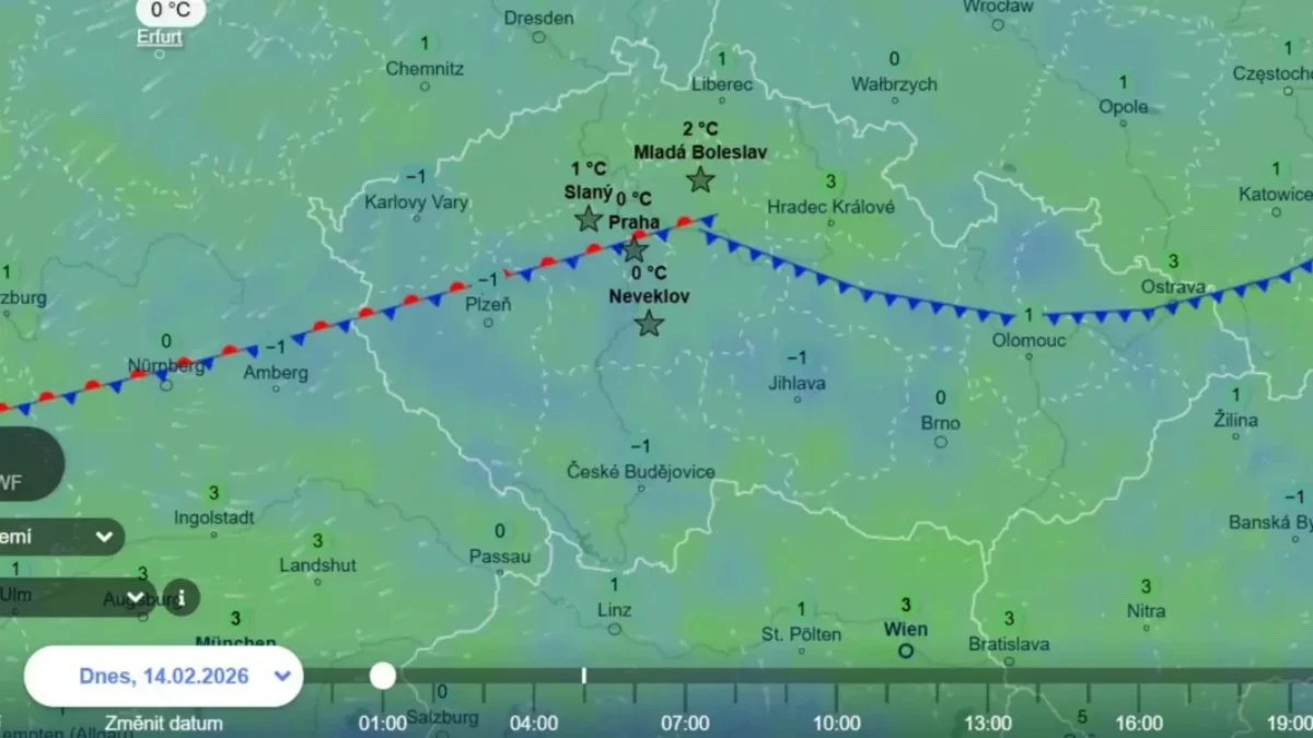 Přechod frontálních systémů v noci na dnešek mapa