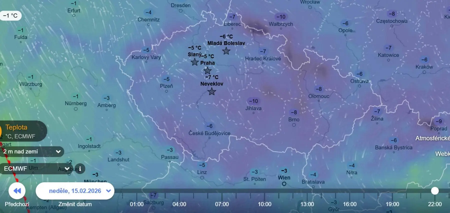 Mapa zobrazující teploty v neděli ve 22:00
