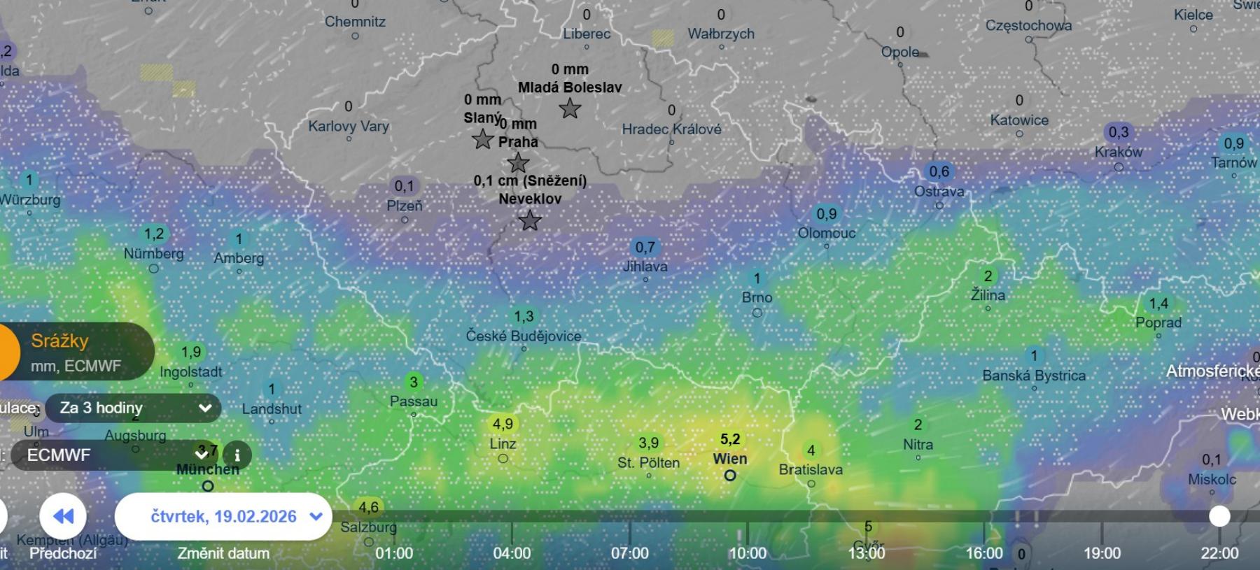 Srážky ve čtvrtek v noci zobrazené na mapě