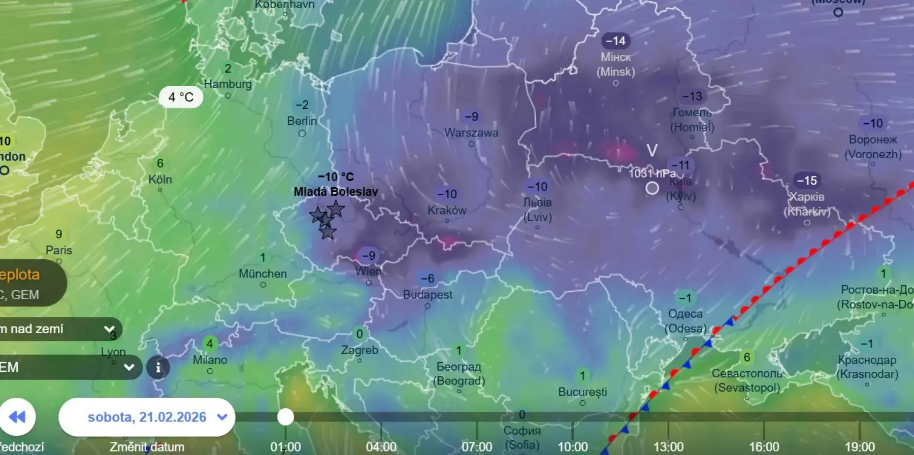 Mapa počasí na sobotu 21. února