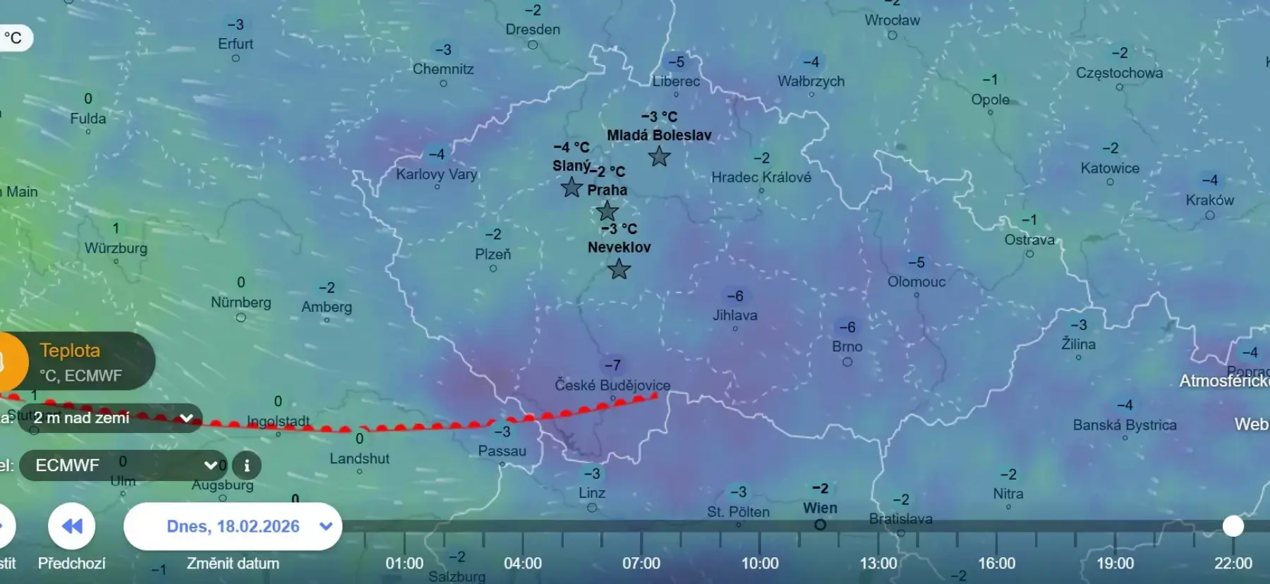 Model ECMWF dnes ve 22 hodin zobrazený na mapě.