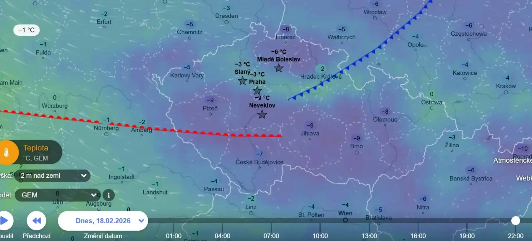 Model GEM dnes ve 22 hodin zobrazený na mapě