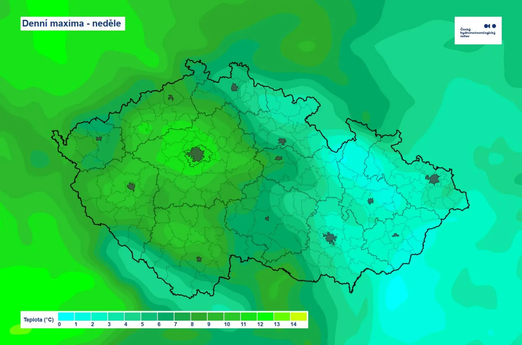 A takhle nějak by měla vypadat denní maxima v neděli