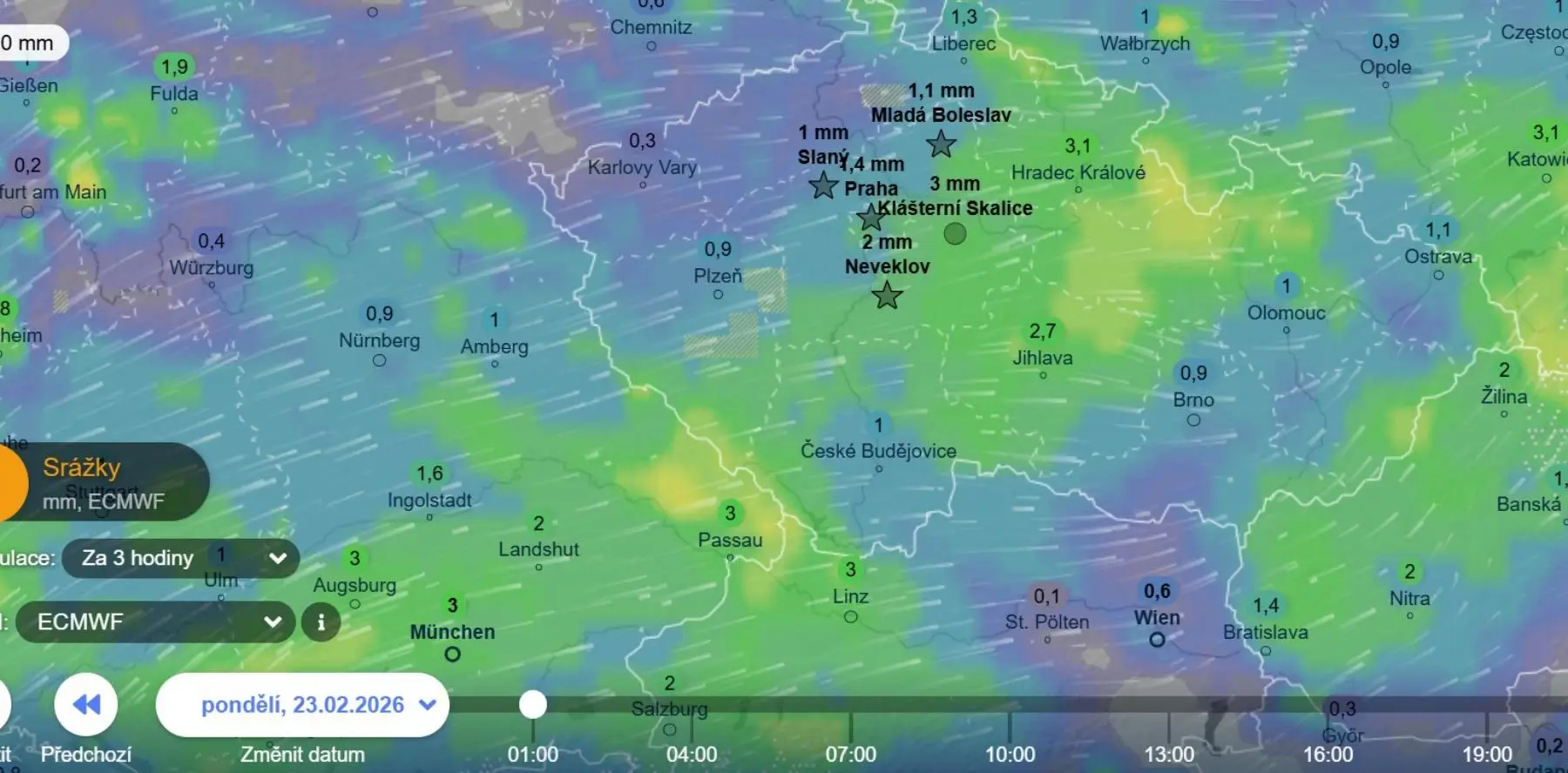 Srážky v noci z neděle na pondělí