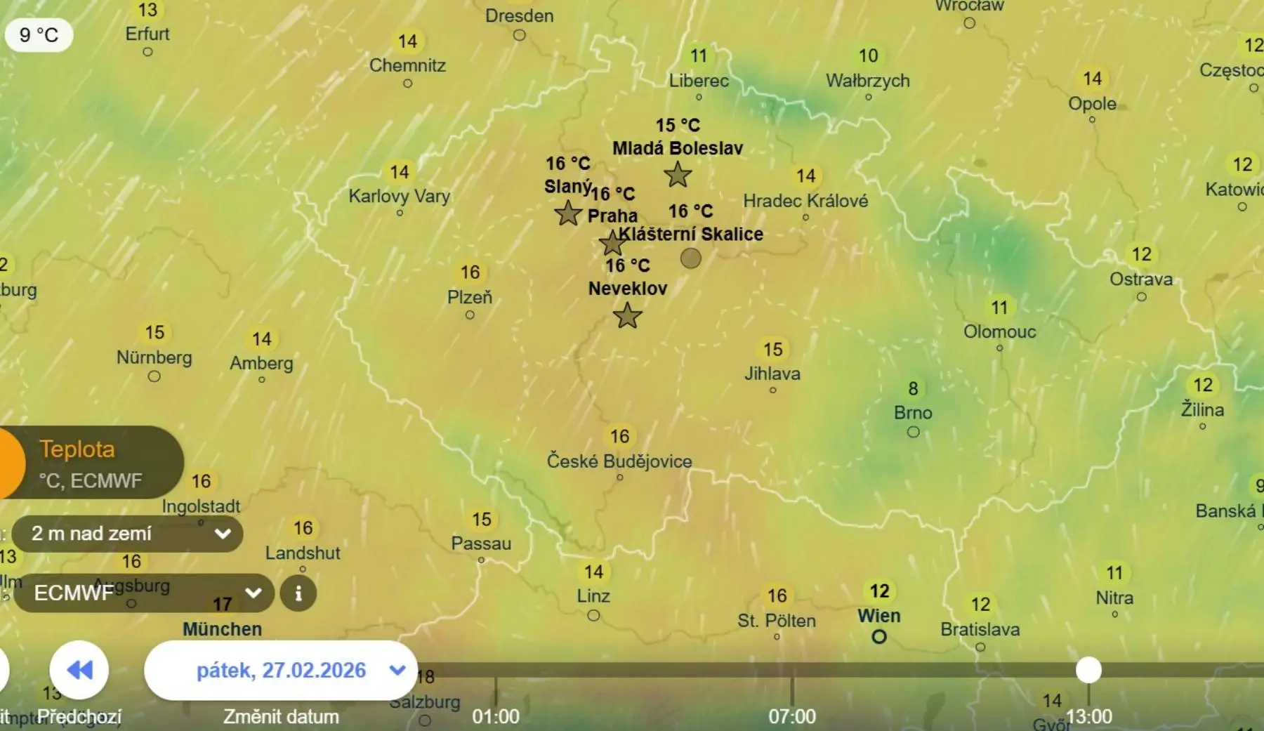 Teploty v pátek odpoledne