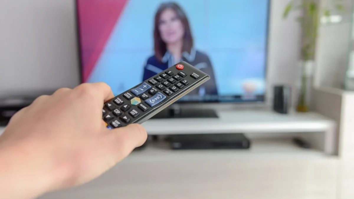 Člověk drží před obrazovkou ovladač.