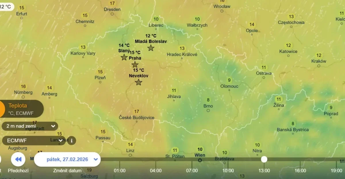 Teploty v pátek ve 13. hodin