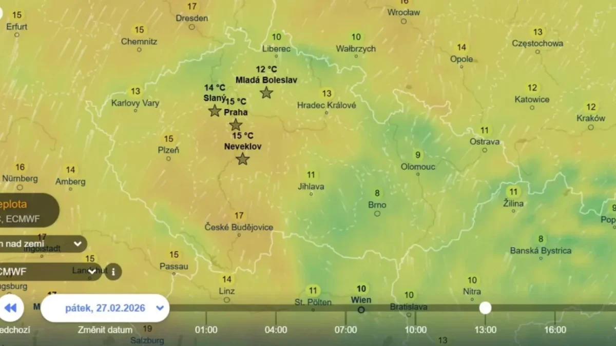 Teploty v pátek ve 13. hodin