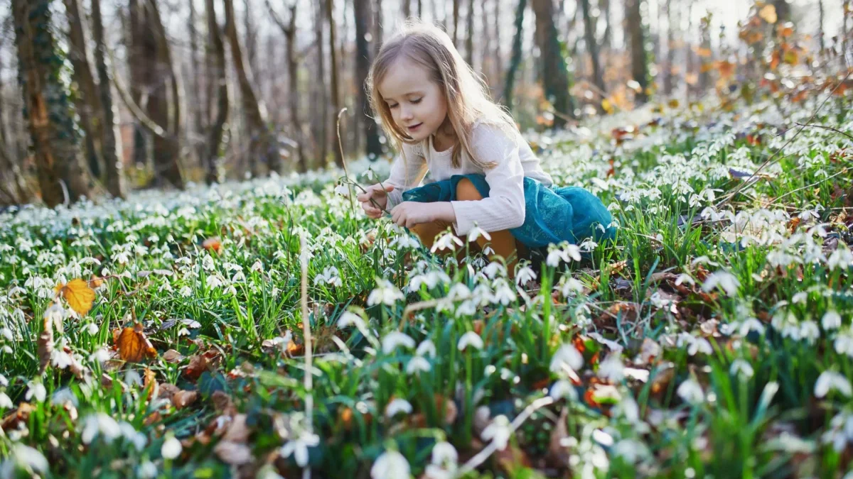 Holčička klečí mezi rozkvétajícími květinami.