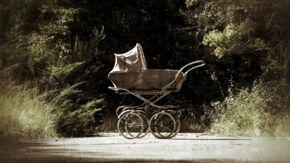 Na cestě stojí starý kočárek.