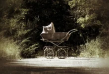 Na cestě stojí starý kočárek.