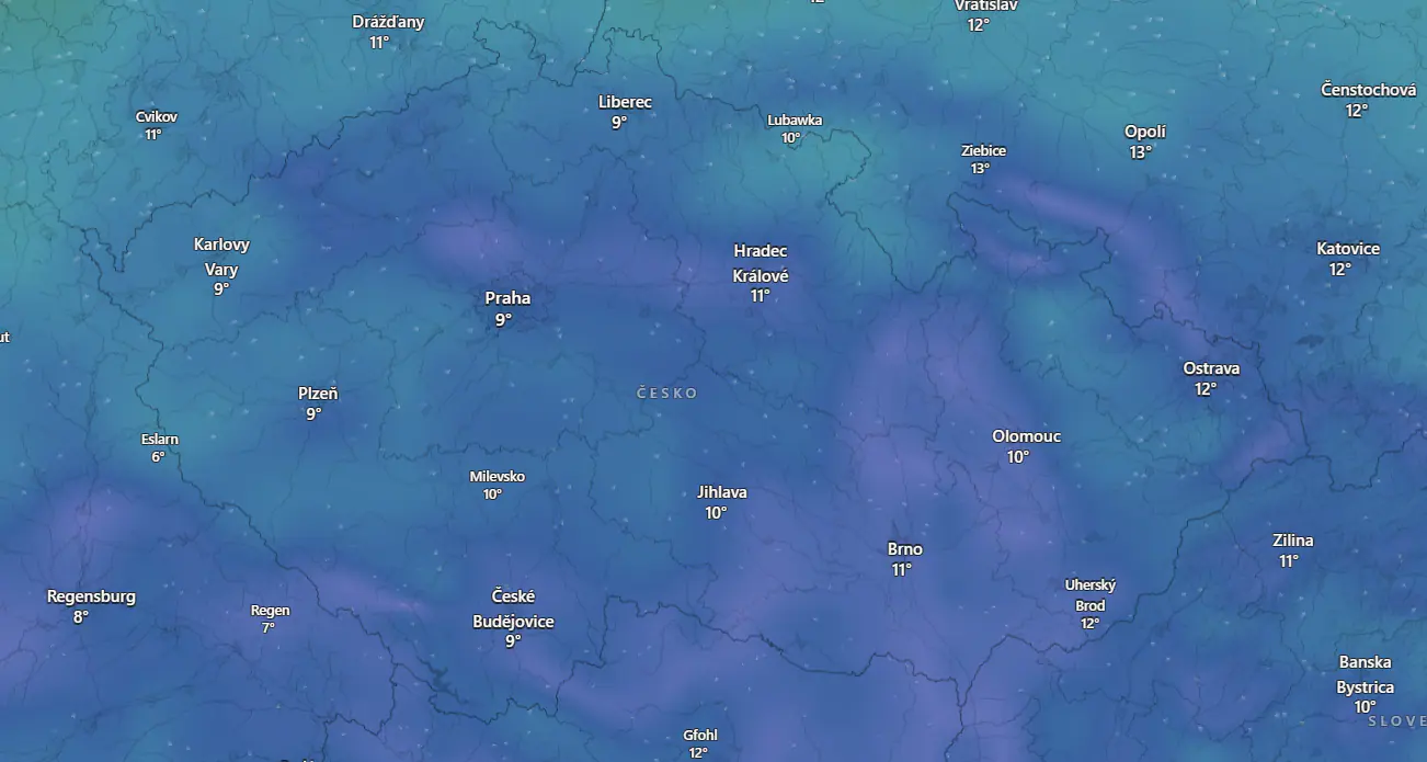 Vývoj počasí nad Českem. Zdroj: Windy.com