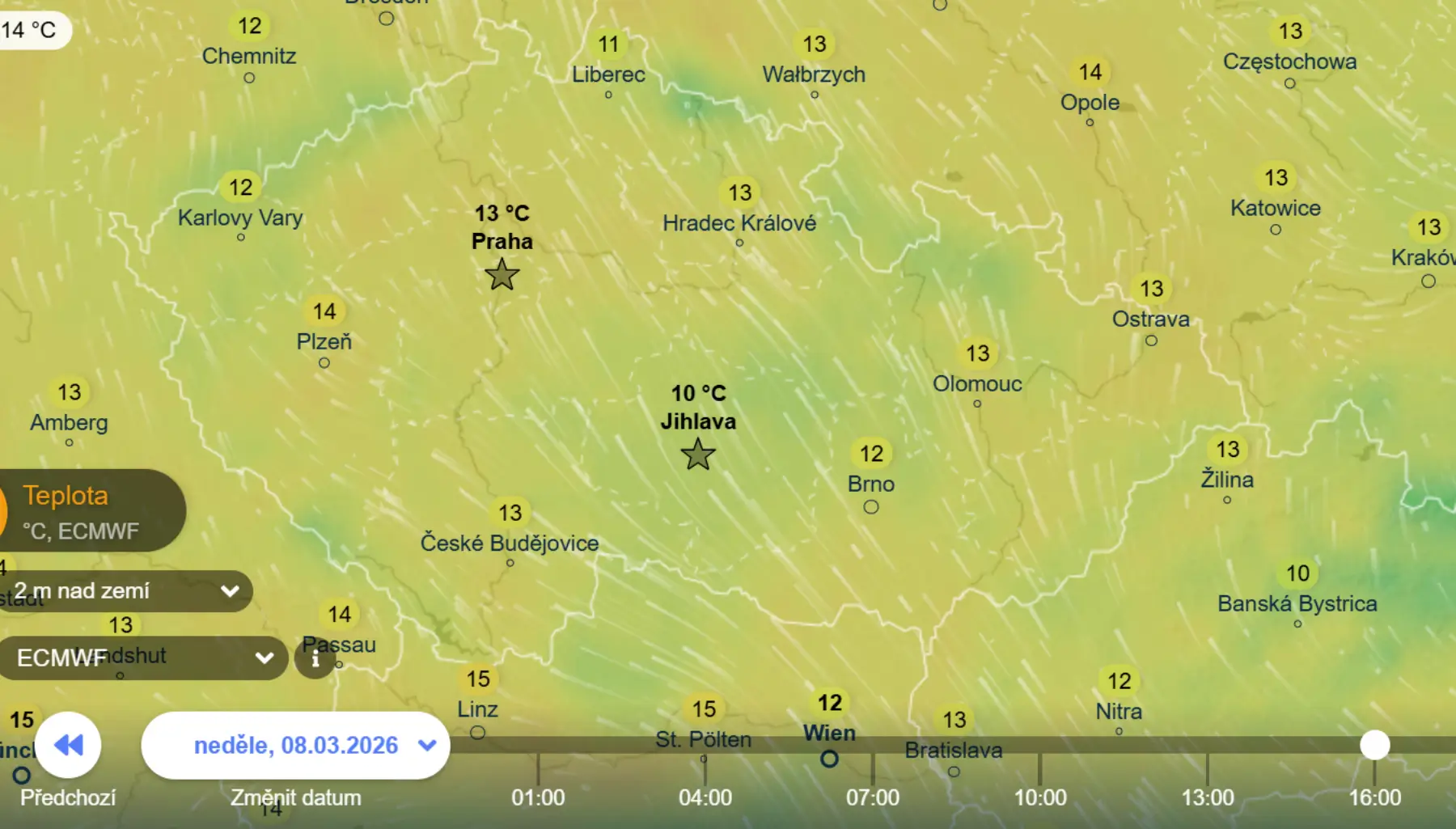 Teploty v neděli 8. března odpoledne