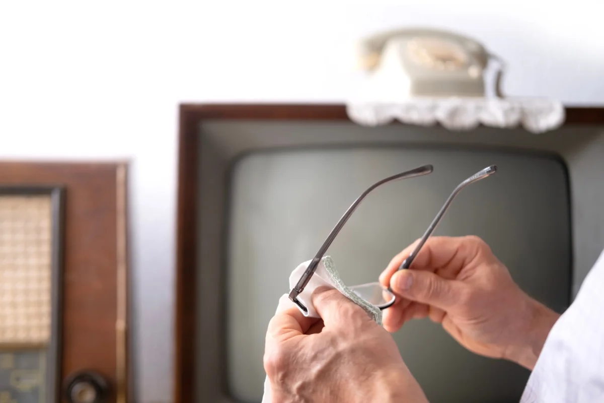 shutterstock_2360502899-2 | TVGURU.cz Muž si před TV leští brýle.