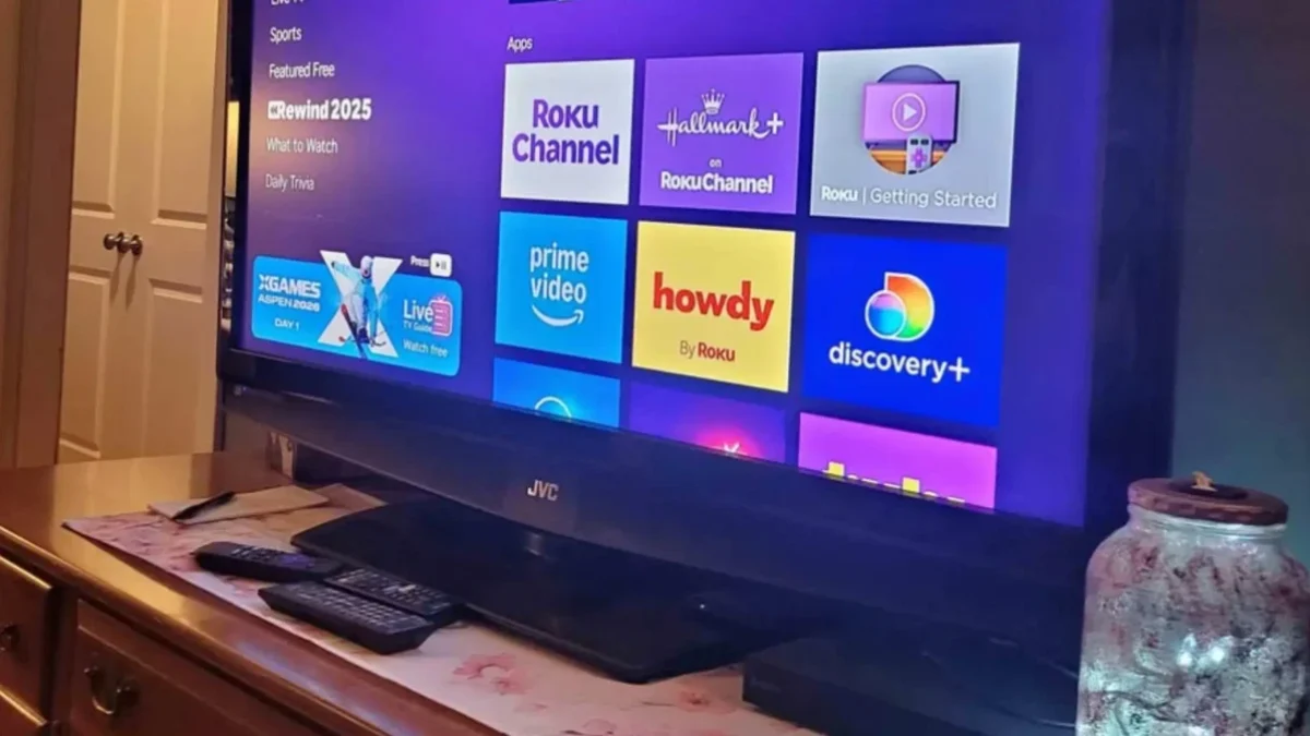 televize zapnutá v obývacím pokoji