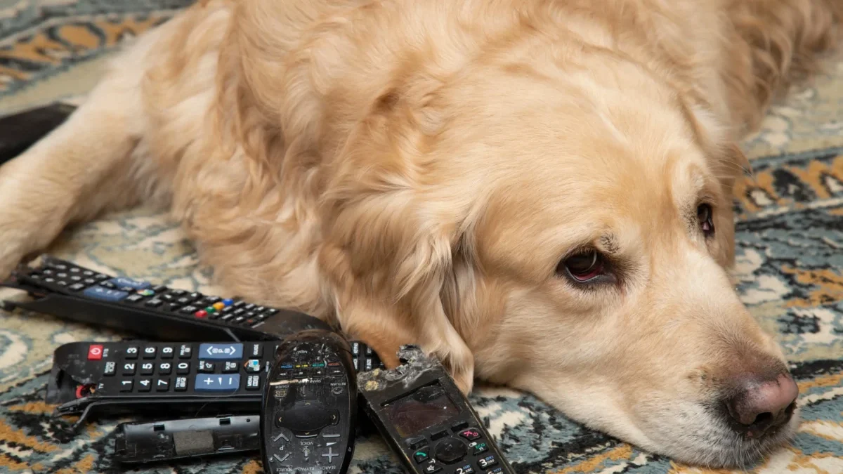 Pes leží u ovladačů.
