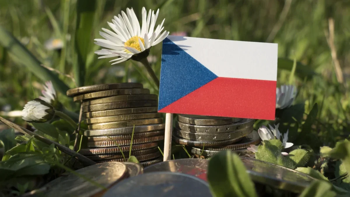 V trávě leží mince a česká vlaječka.