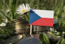 V trávě leží mince a česká vlaječka.