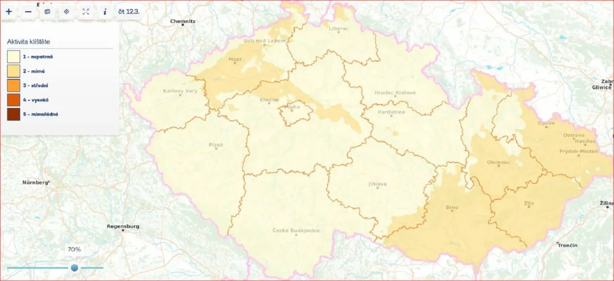 Index aktivity klíšťat 12. března 2026. Zdroj: ČHMÚ