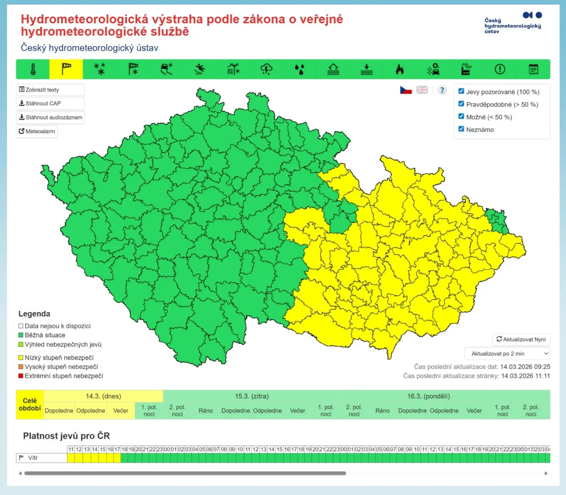 Výstraha na silný vítr ve východní části Česka
