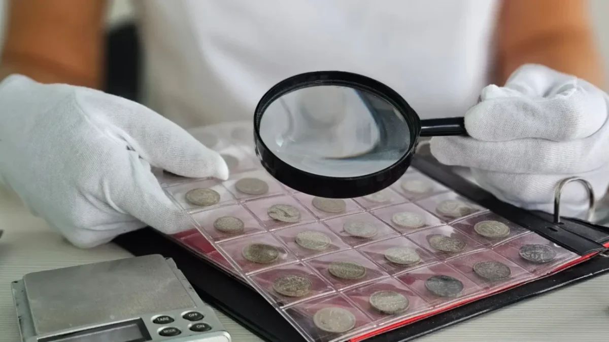 Znalec zkoumá sbírku mincí
