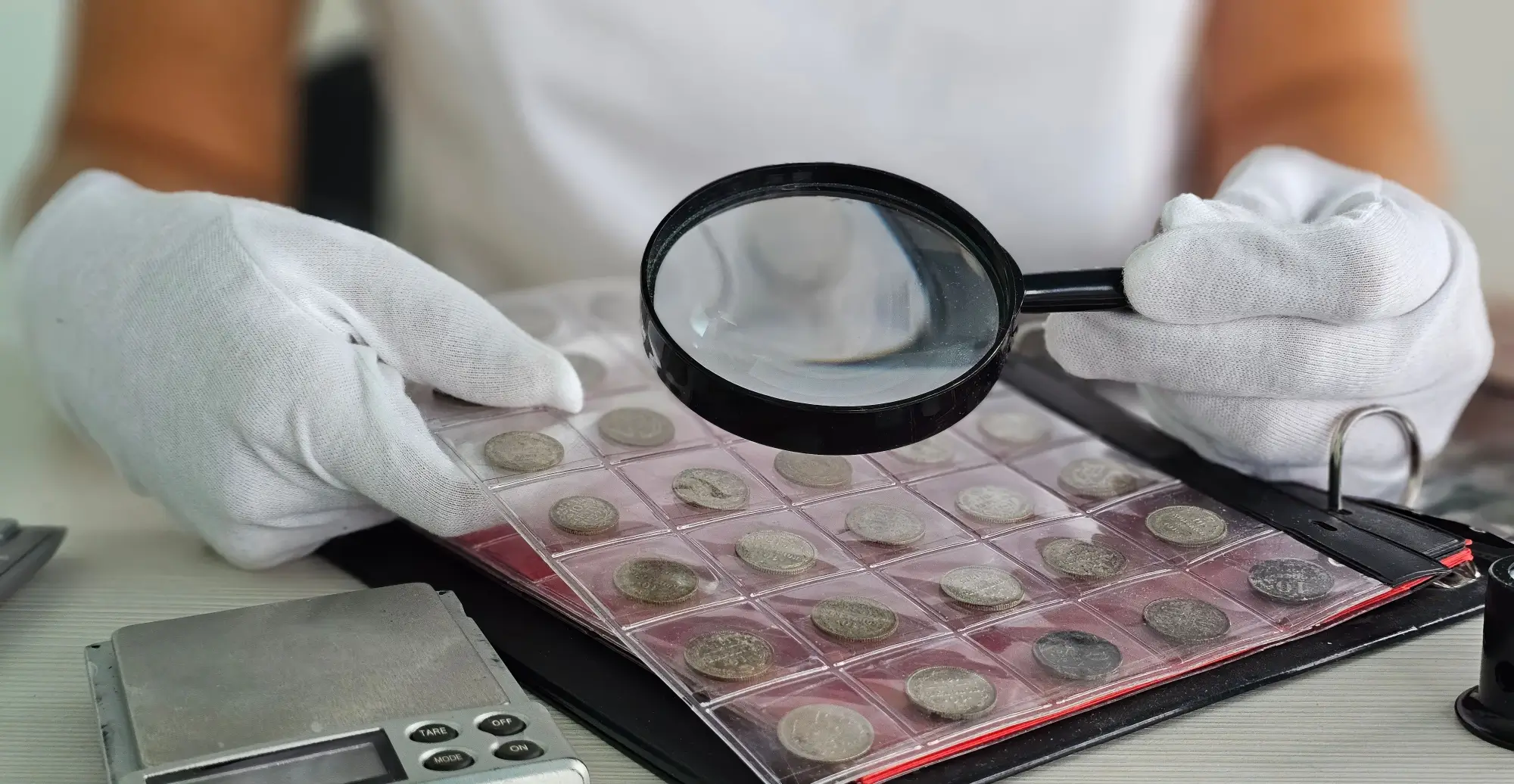 Znalec zkoumá sbírku mincí