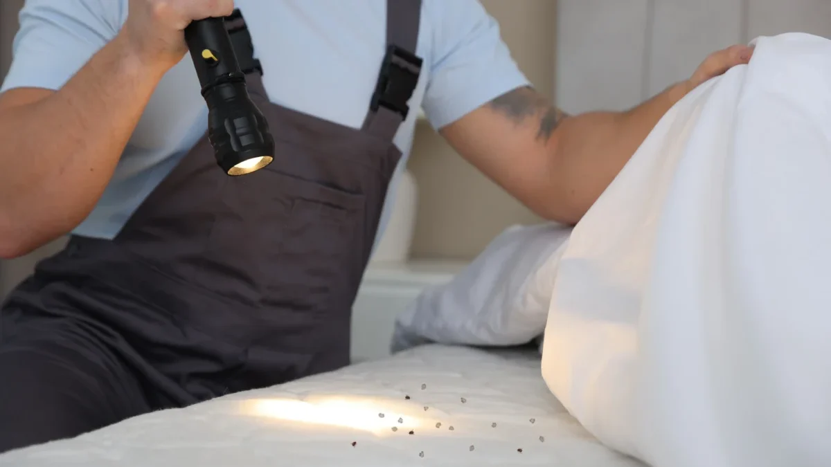 Muž baterkou svítí na hmyz na matraci.