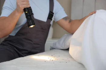 Muž baterkou svítí na hmyz na matraci.