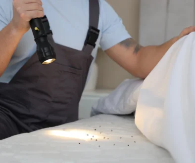 Muž baterkou svítí na hmyz na matraci.