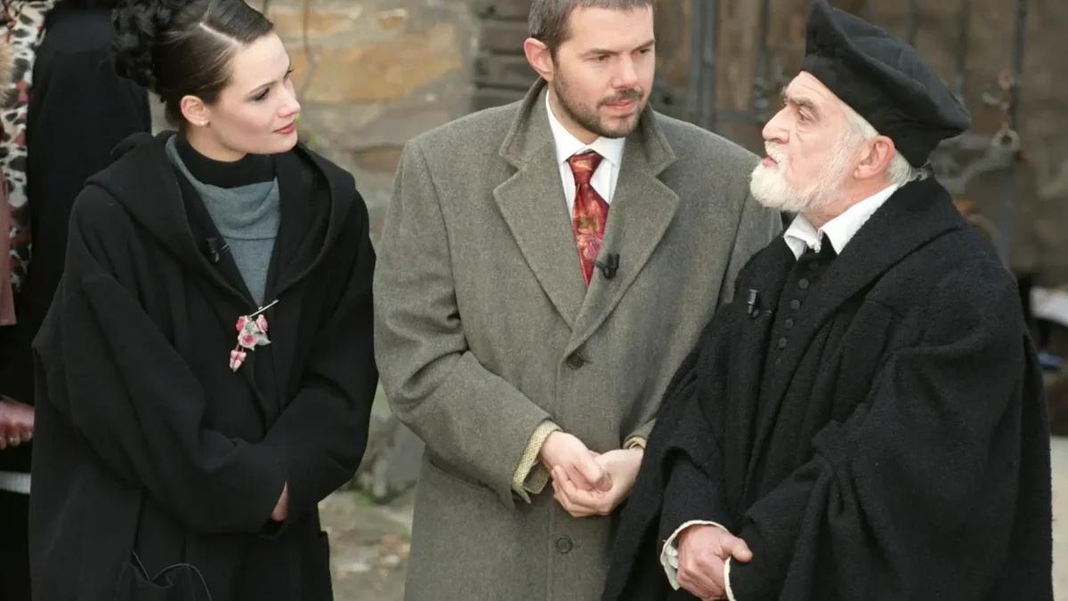 Klára Doležalová a Marek Eben při natáčení televizní soutěže O poklad Anežky České. Zdroj: Profimedia