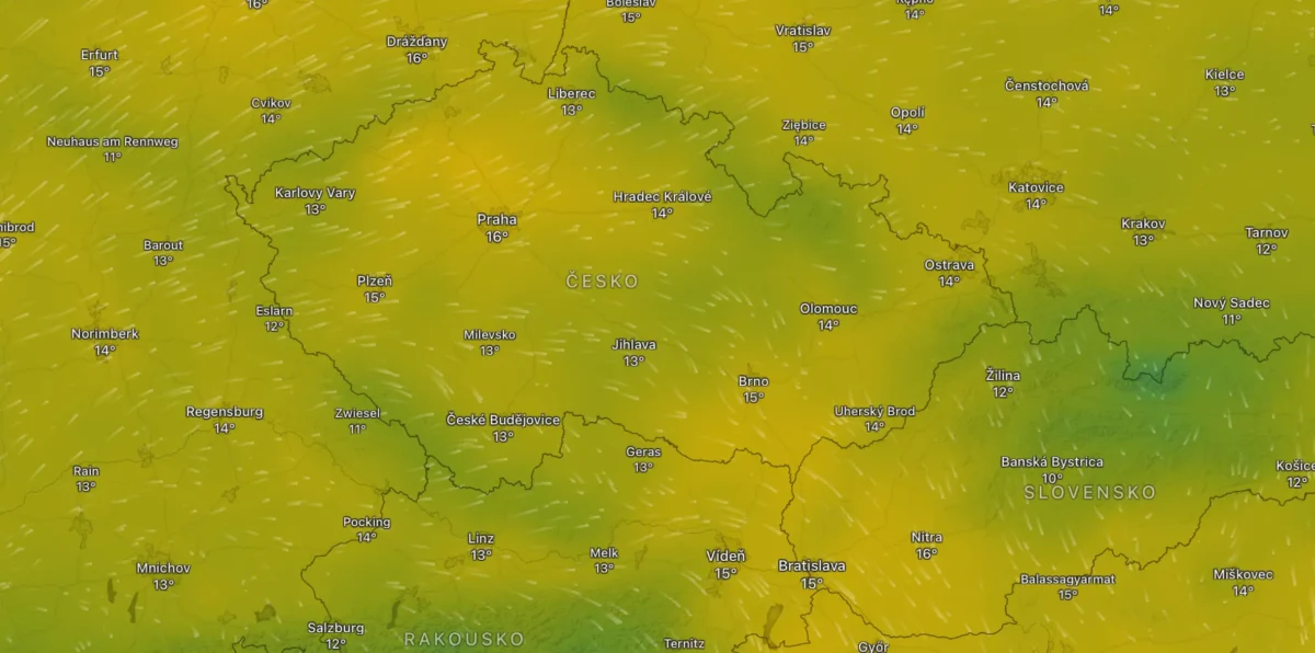 Mapa počasí na úterý 