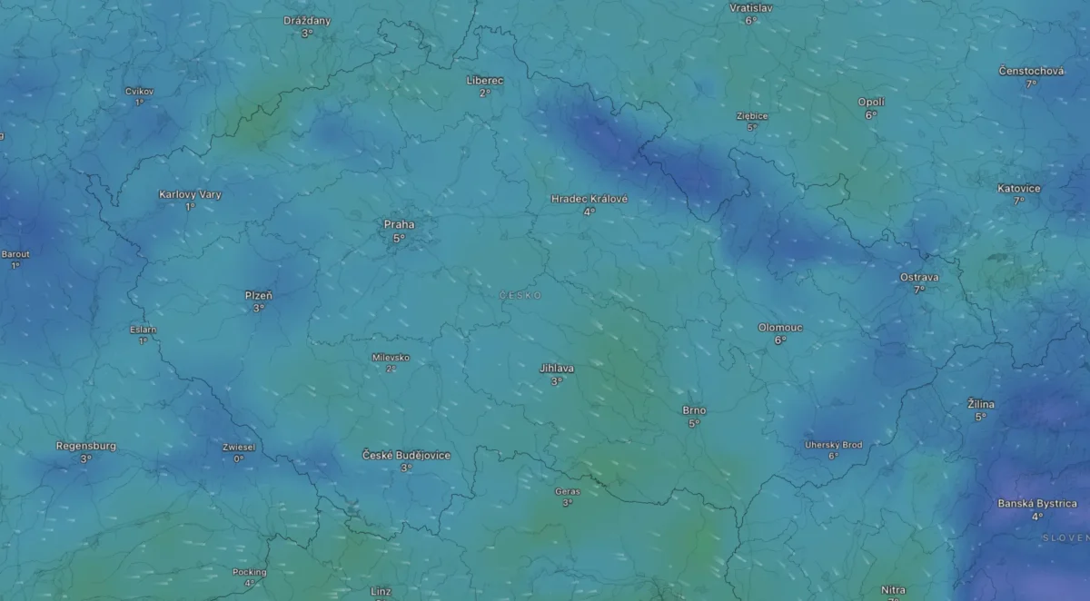 Mapa počasí na čtvrteční brzké ráno