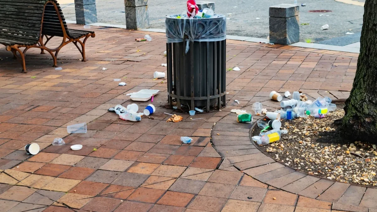 přeplněný odpadkový koš v parku
