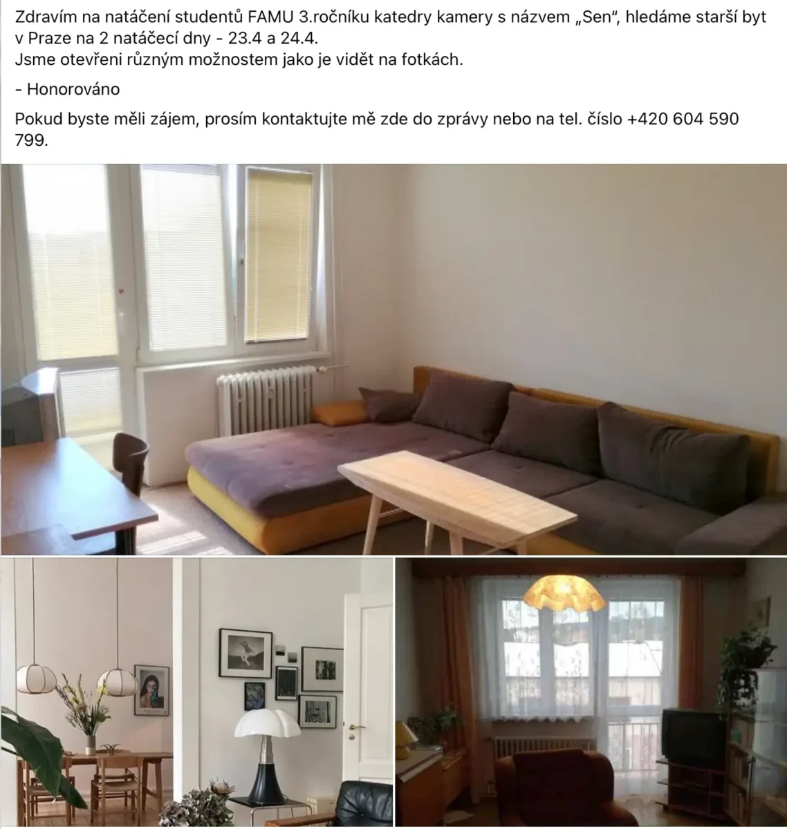 Snímek obrazovky 2026-03-24 v 230747 | TVGURU.cz Inzerát na FB, ve kterém se hledá byt na natáčení.
