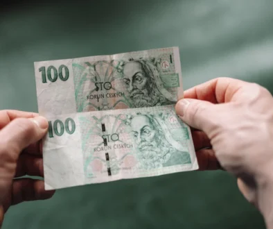 Člověk v ruce drží české bankovky.