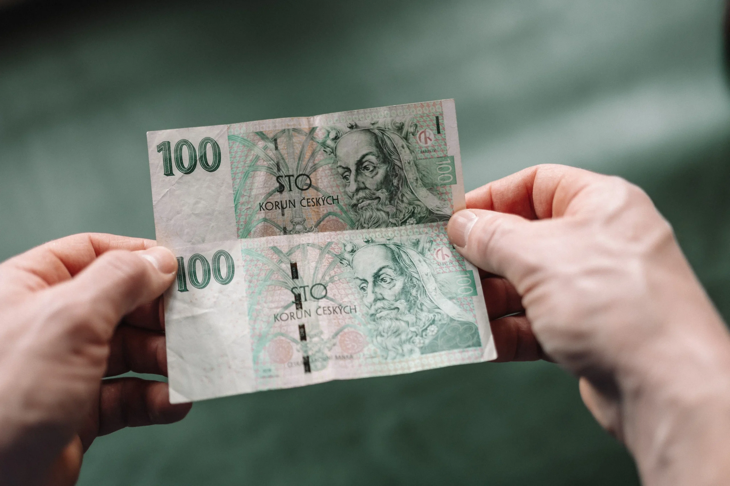 Člověk v ruce drží české bankovky.