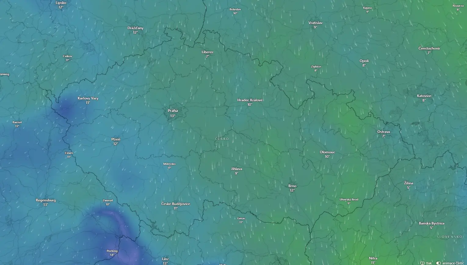 Mapa ČR s předpovědí počasí