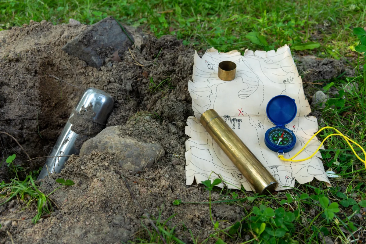 U vykopané díry leží mapa a kompas.