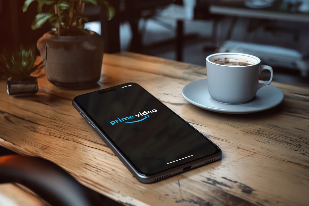 Na stole leží káva a mobil s otevřeným Amazonem.