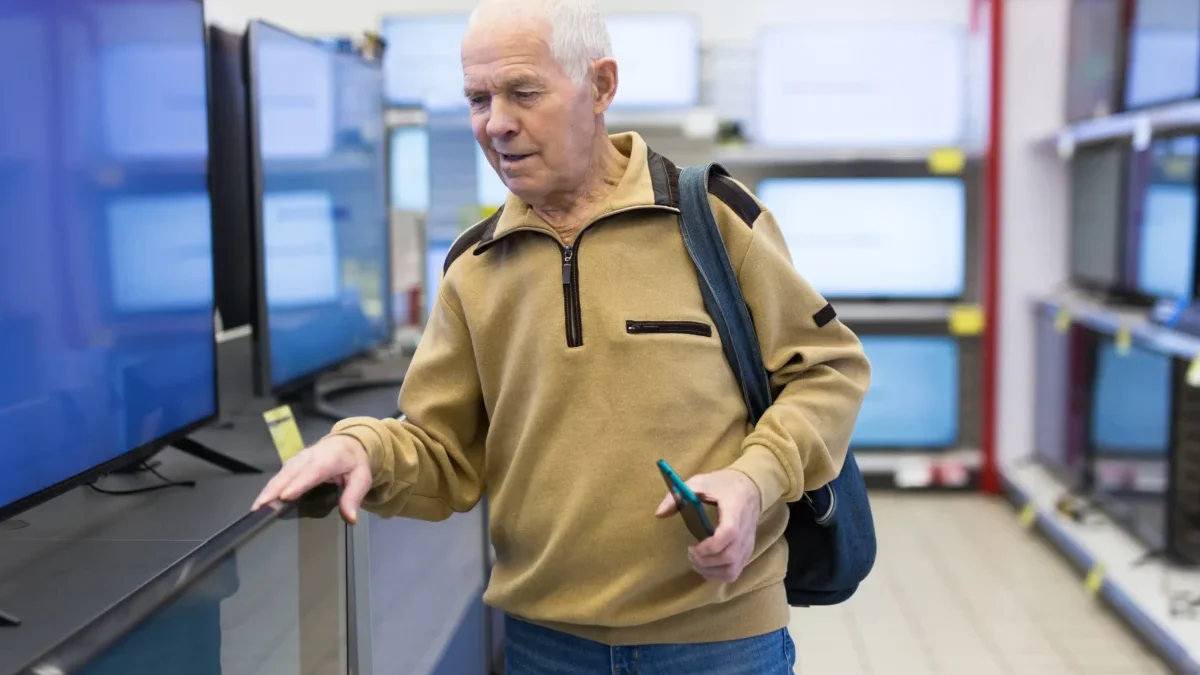 Muž kupující si chytrou televizi.