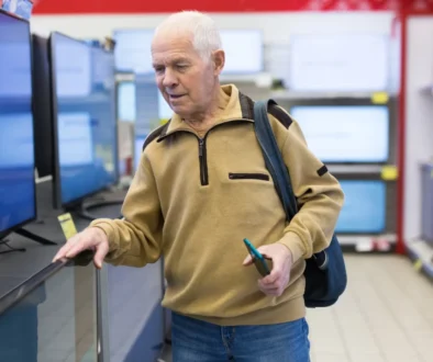 Muž kupující si chytrou televizi.