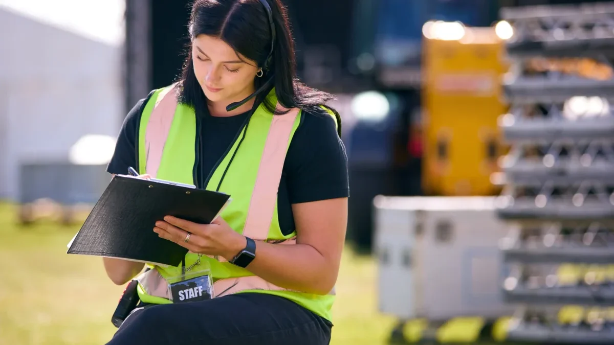 Žena s vestou si něco zapisuje.