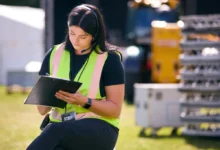 Žena s vestou si něco zapisuje.