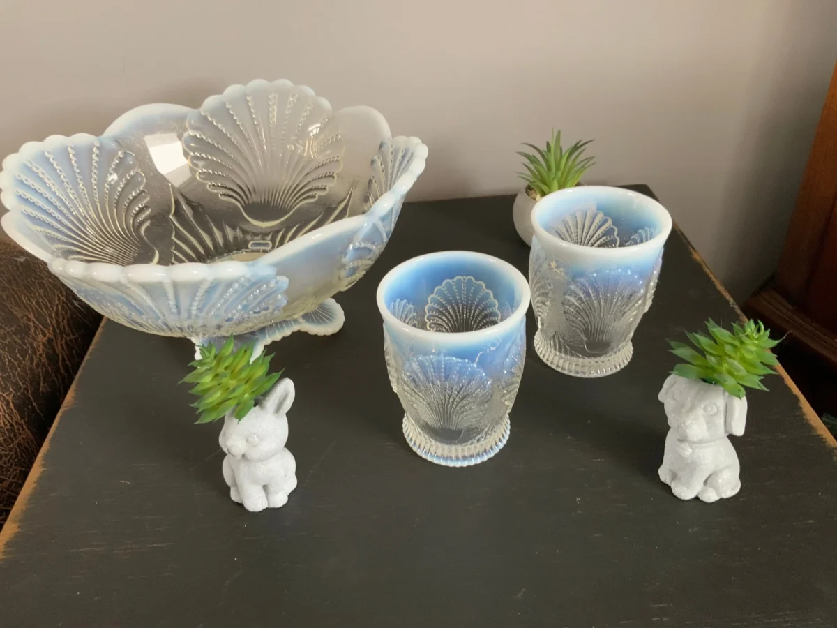 Mísa a skleničky stojí vedle rostlinek. 